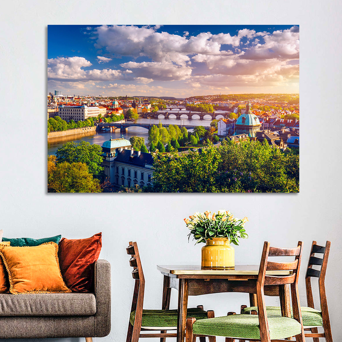 Prague Golden Hour Over Charles Bridge Wall Art in a room, landscape