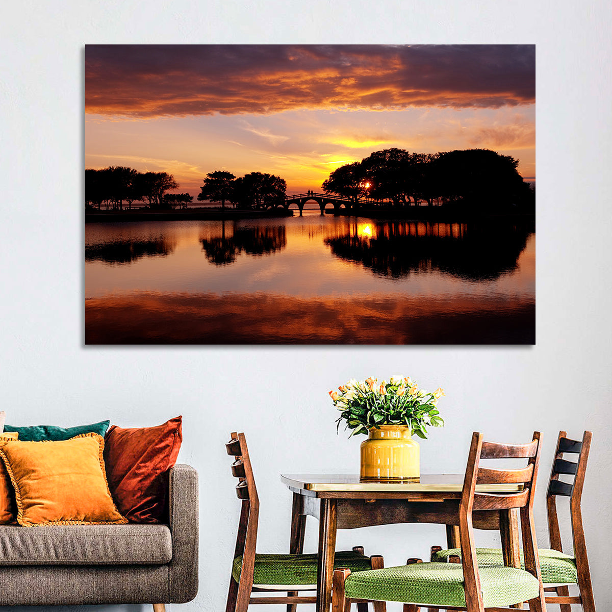 Tranquility Bridge at Sunset Wall Art in a room, landscape