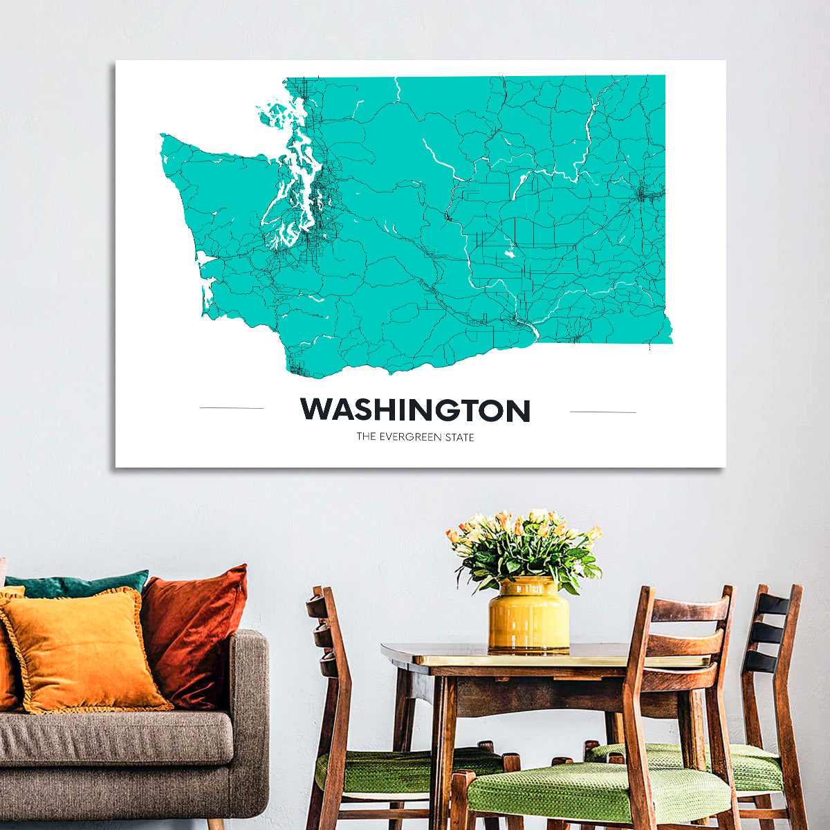 Washington State Minimalist Map Wall Art in a room, landscape