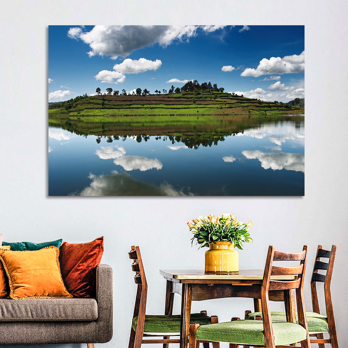 Bunyonyi Lake Reflection Wall Art in a room, landscape