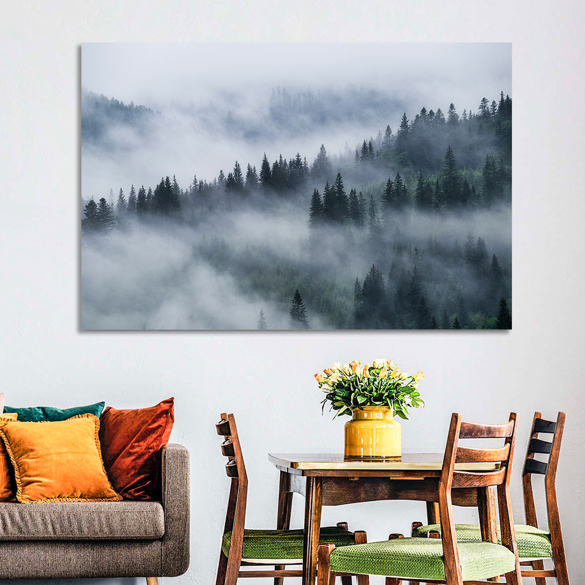 Misty Mountain Pine Forest Wall Art in a room, landscape