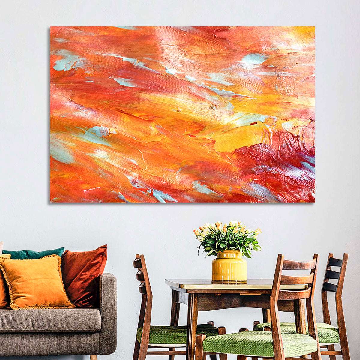 Sunfire Impasto Abstract Wall Art in a room, landscape