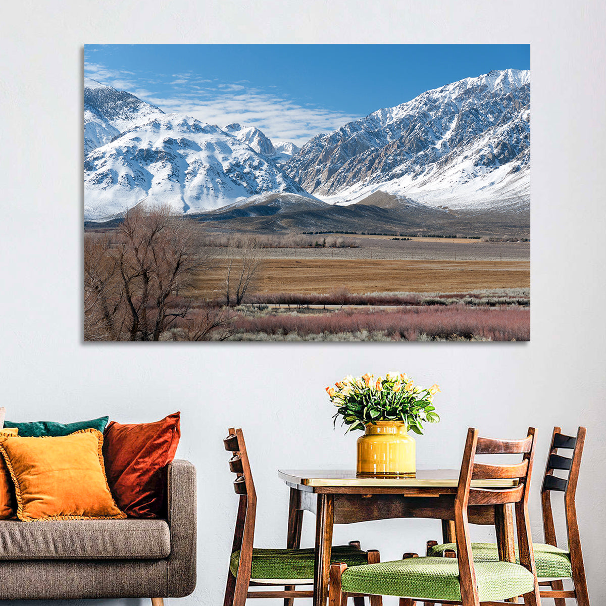 Eastern Sierra Winter Peaks Wall Art in a room, landscape