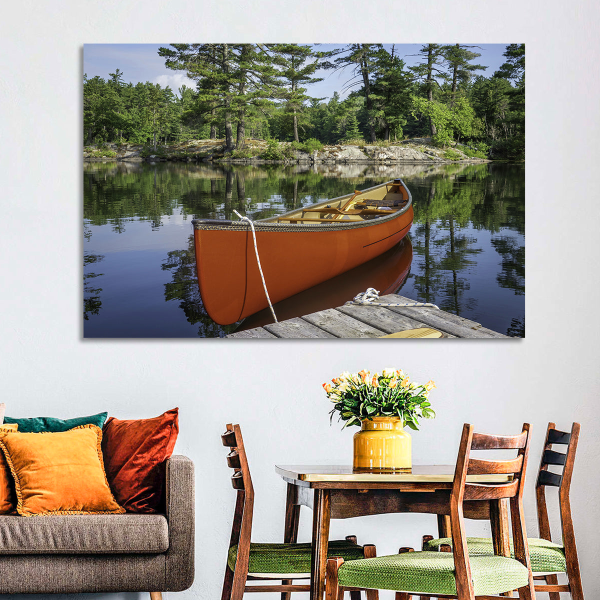 Orange Canoe on Ontario Lake Wall Art in a room, landscape