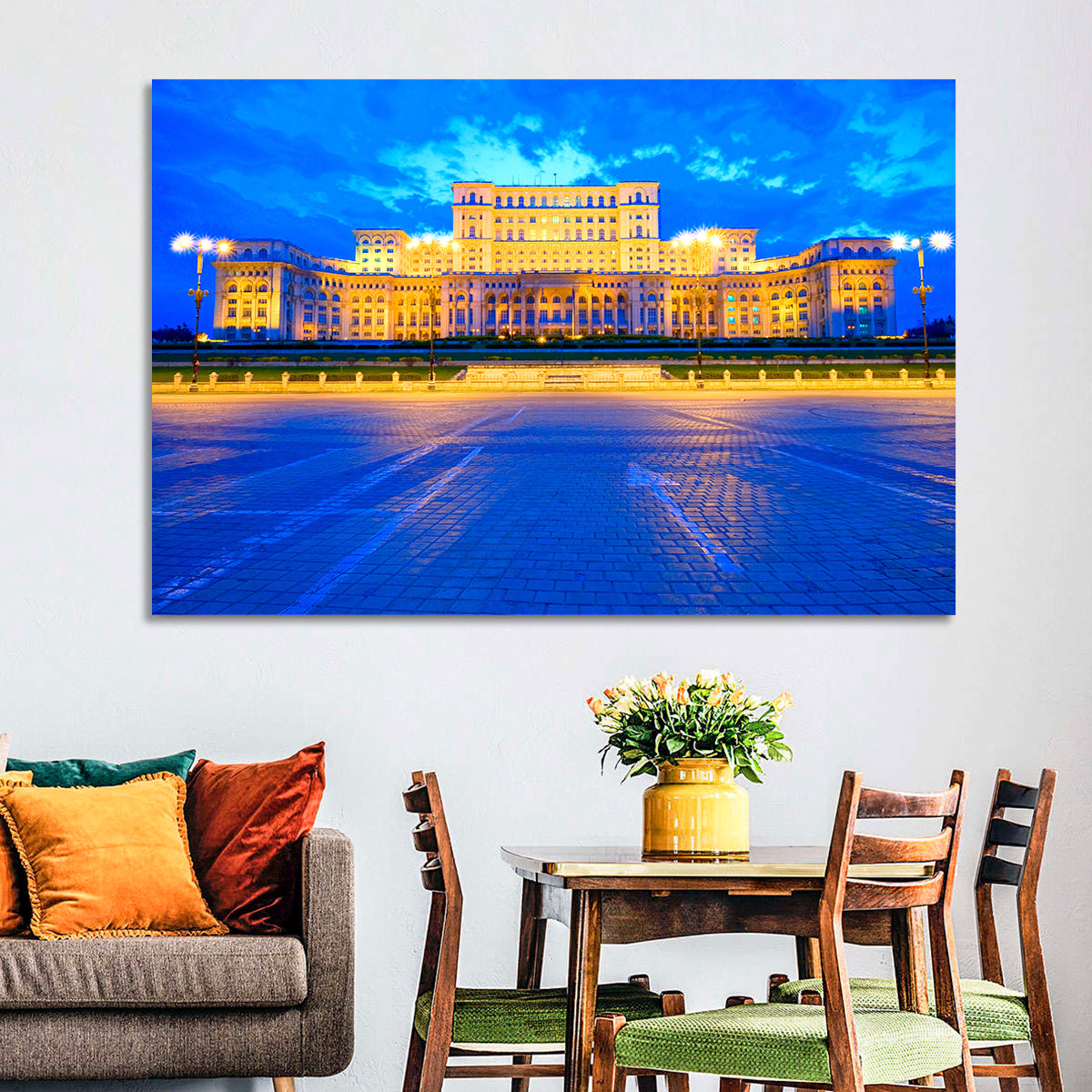 Palace of the Parliament at Twilight Wall Art in a room, landscape