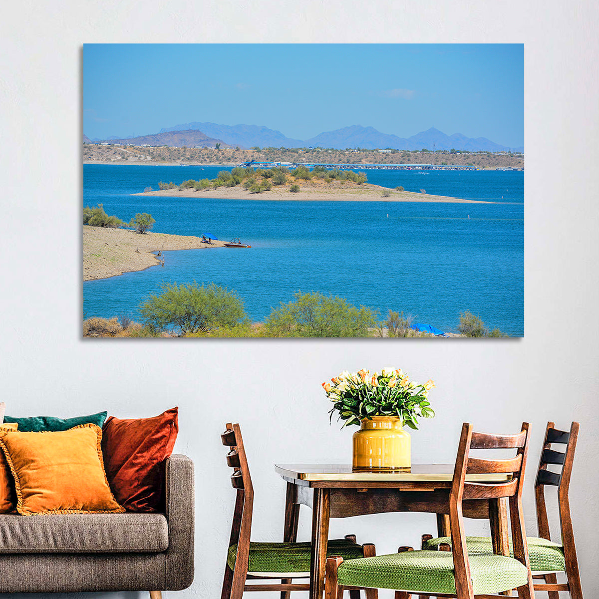 Lake Pleasant Shoreline with Boat Wall Art in a room, landscape