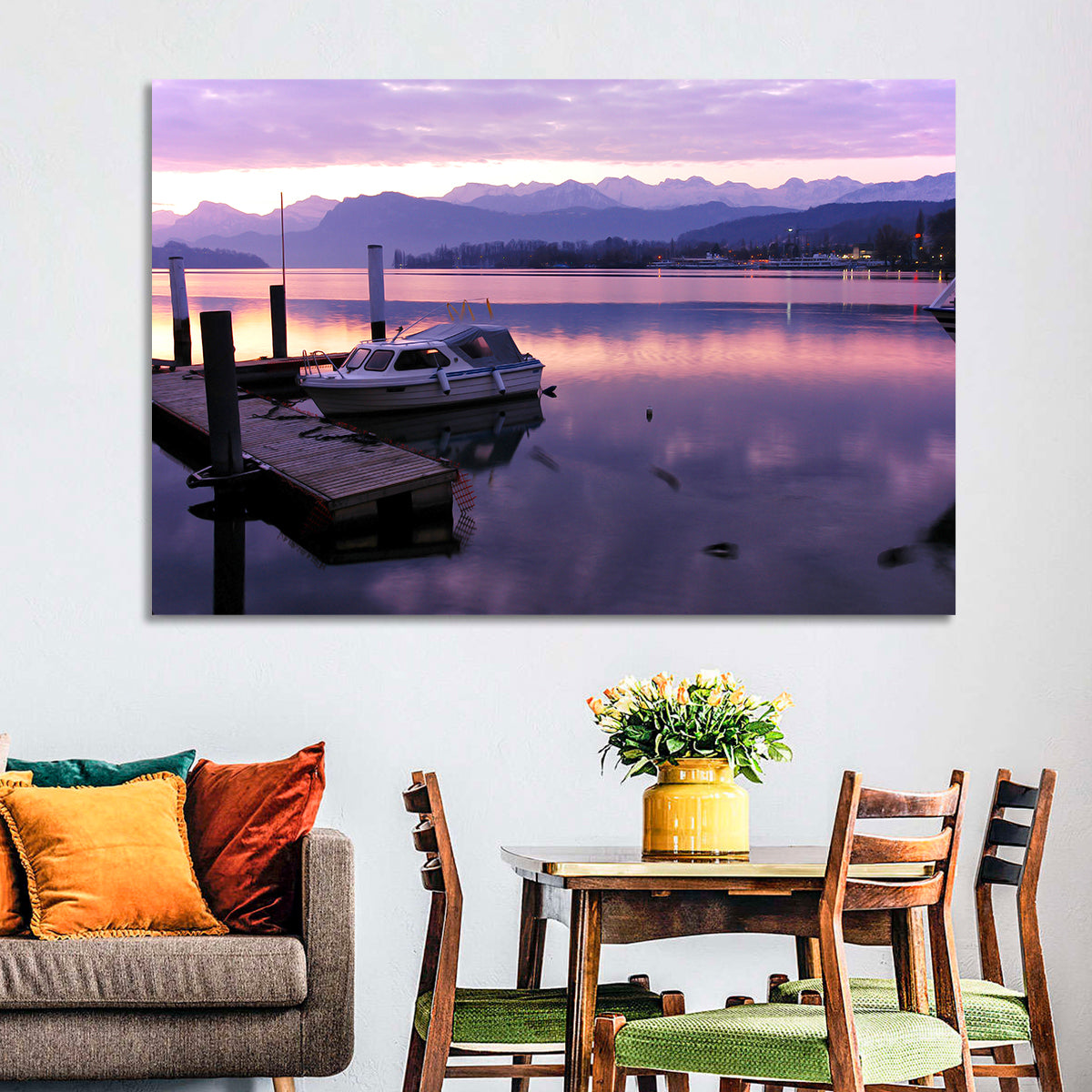 Lake Lucerne Pier at Dusk Wall Art in a room, landscape