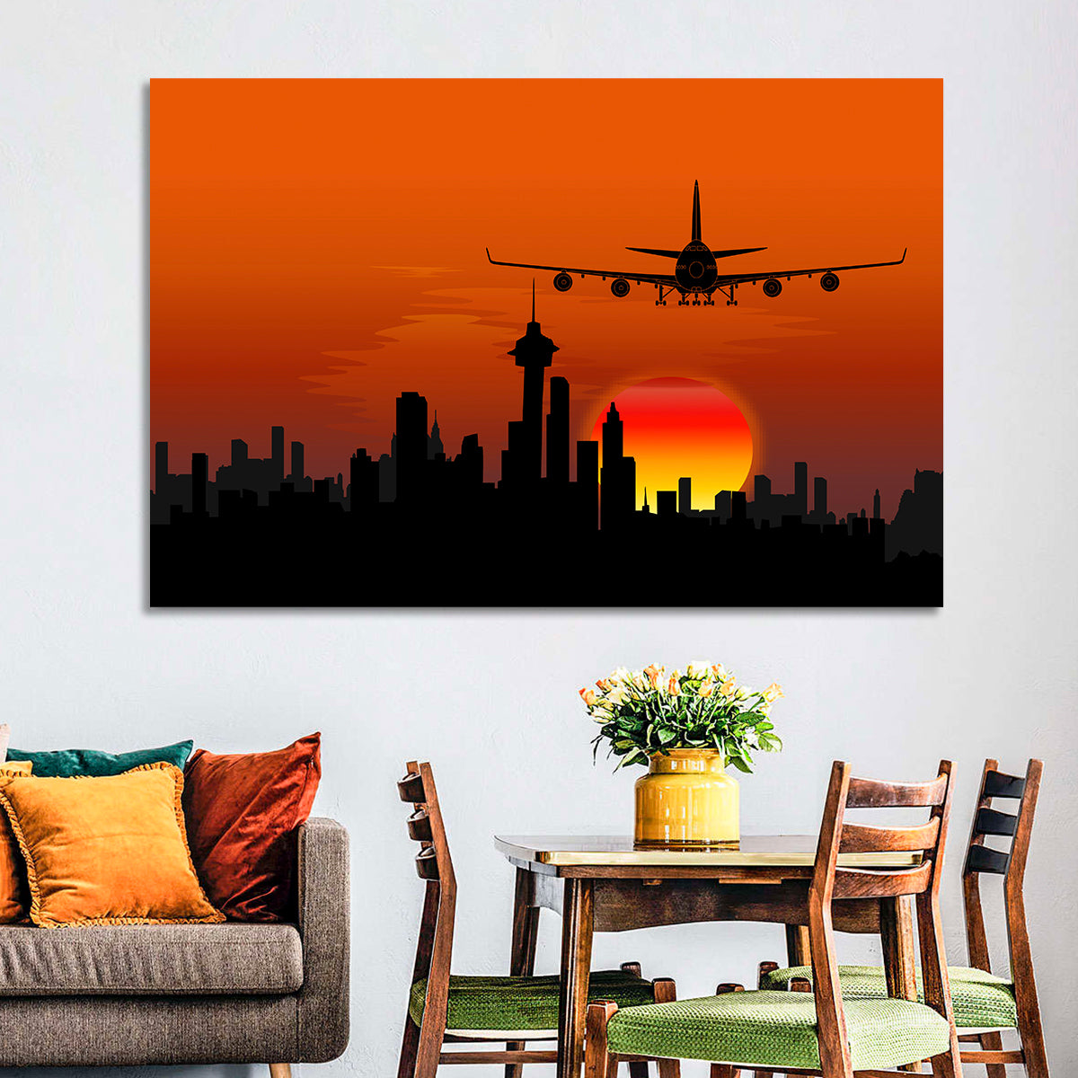 Approaching Jet Over Sunset Skyline Wall Art