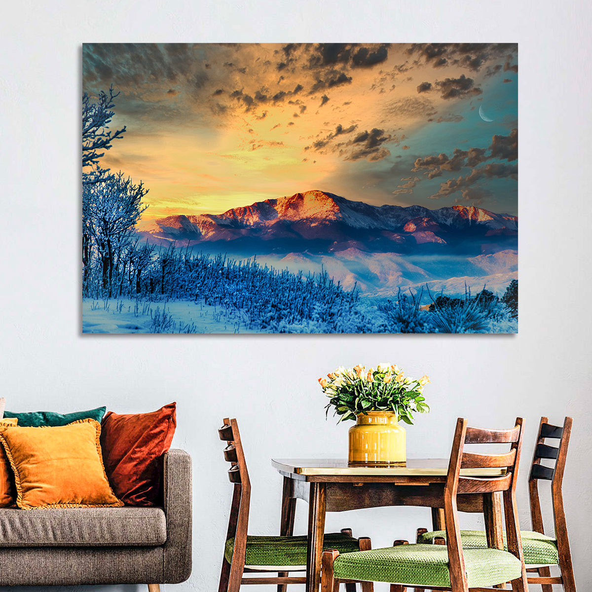 Pikes Peak Golden Sunset Wall Art in a room, landscape