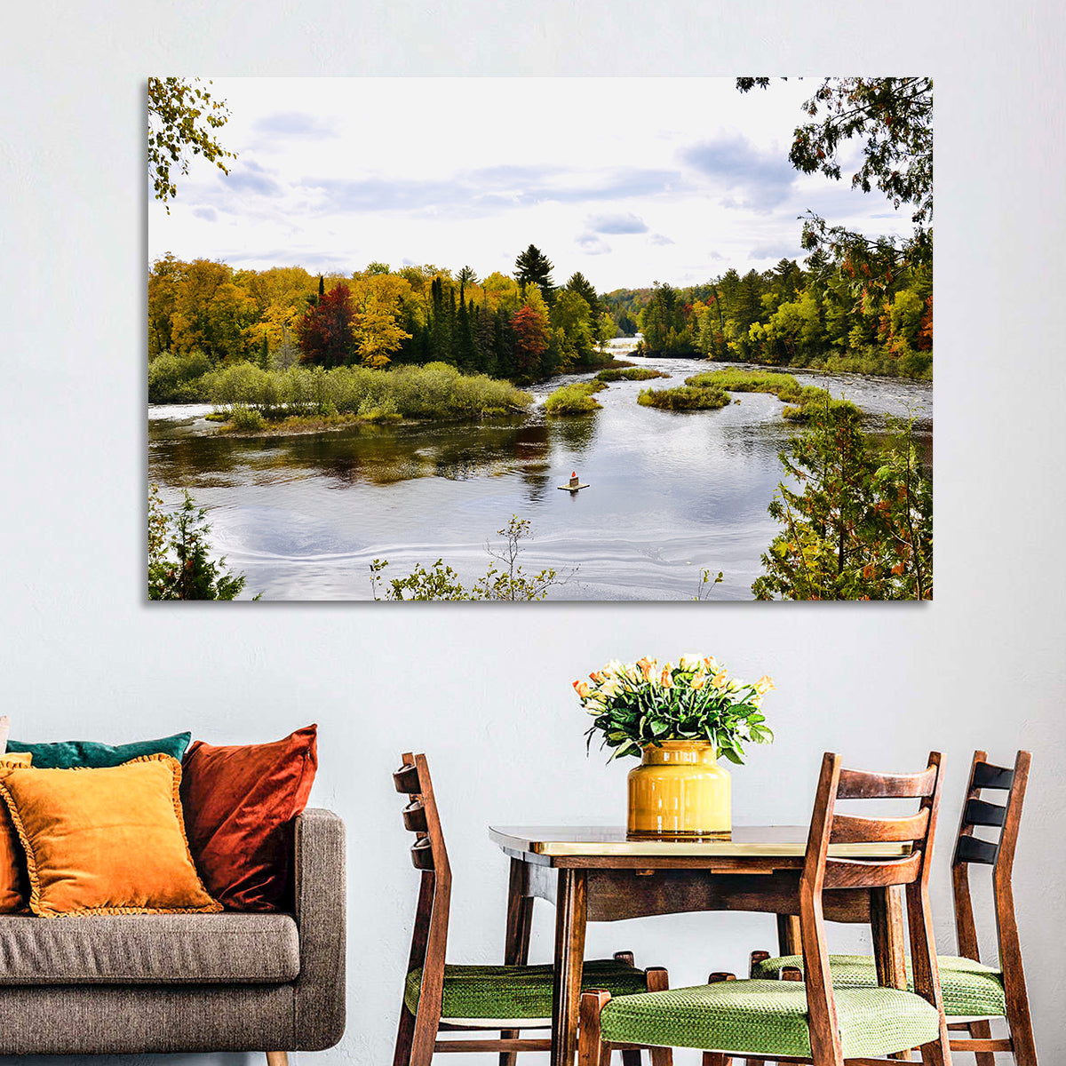 Tahquamenon River Autumn Scene Wall Art in a room, landscape