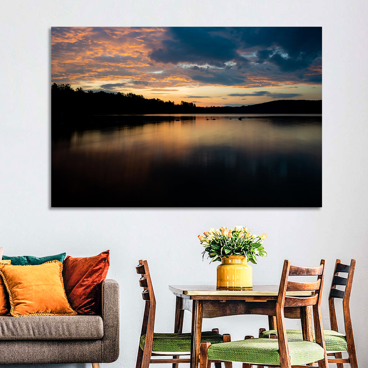Lake Squam Sunrise Reflection Wall Art in a room, landscape