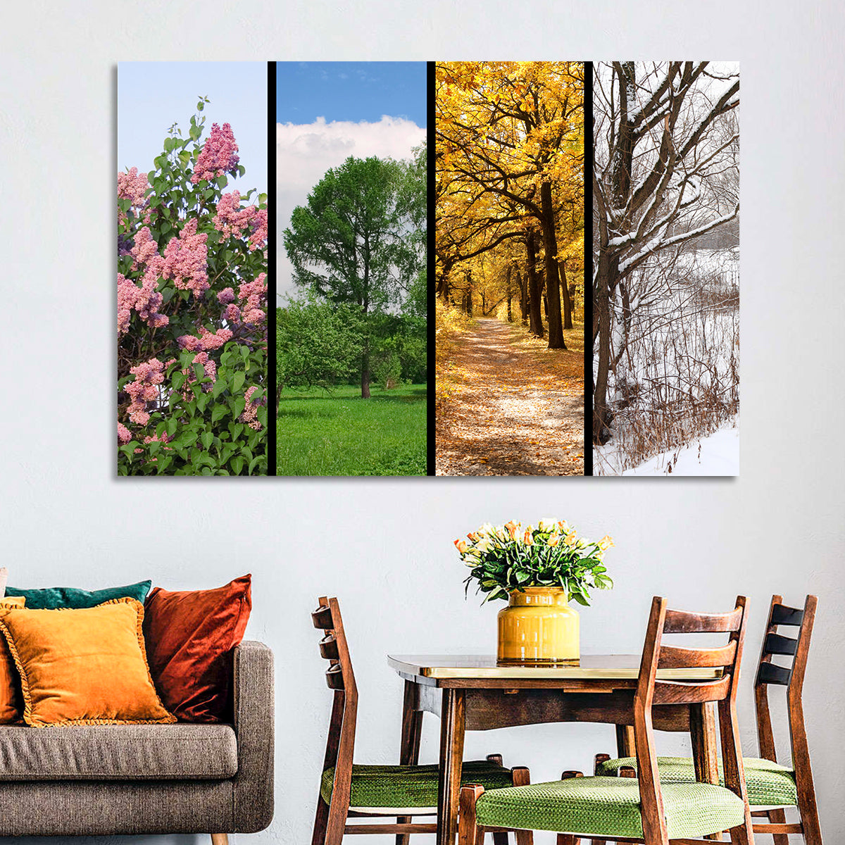 Four Seasons Tree Collage Wall Art in a room, landscape
