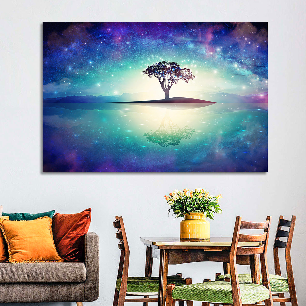 Glowing Island Tree Under Starry Nebula Wall Art in a room, landscape