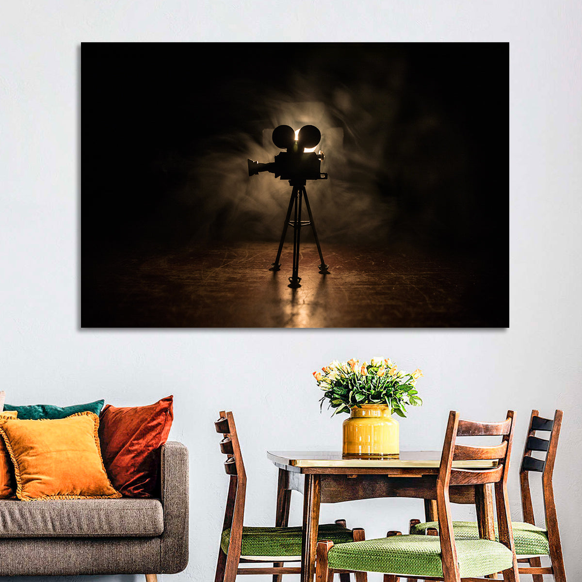 Backlit Vintage Movie Camera Wall Art in a room, landscape