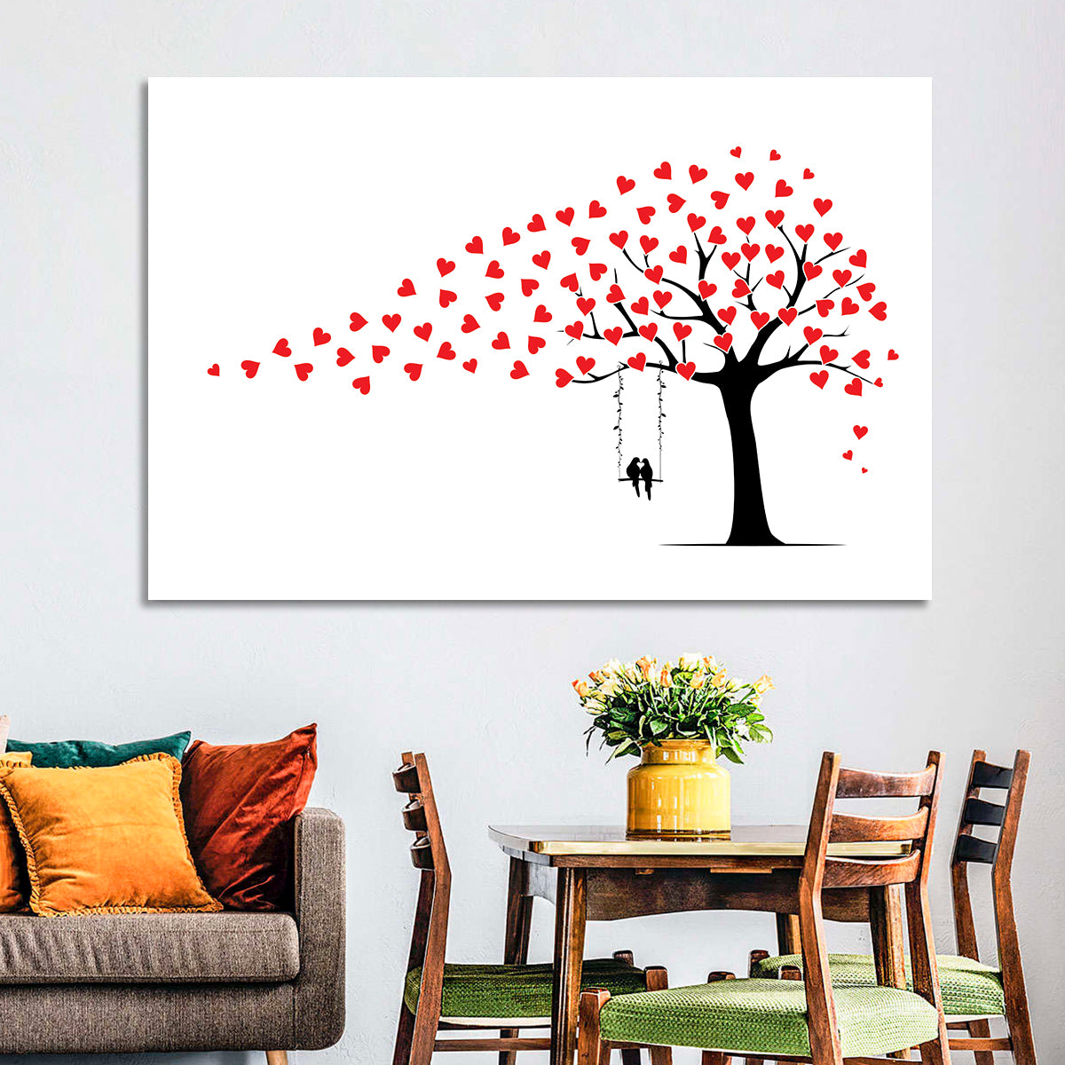 Heart Leaf Tree Silhouette Wall Art in a room, landscape