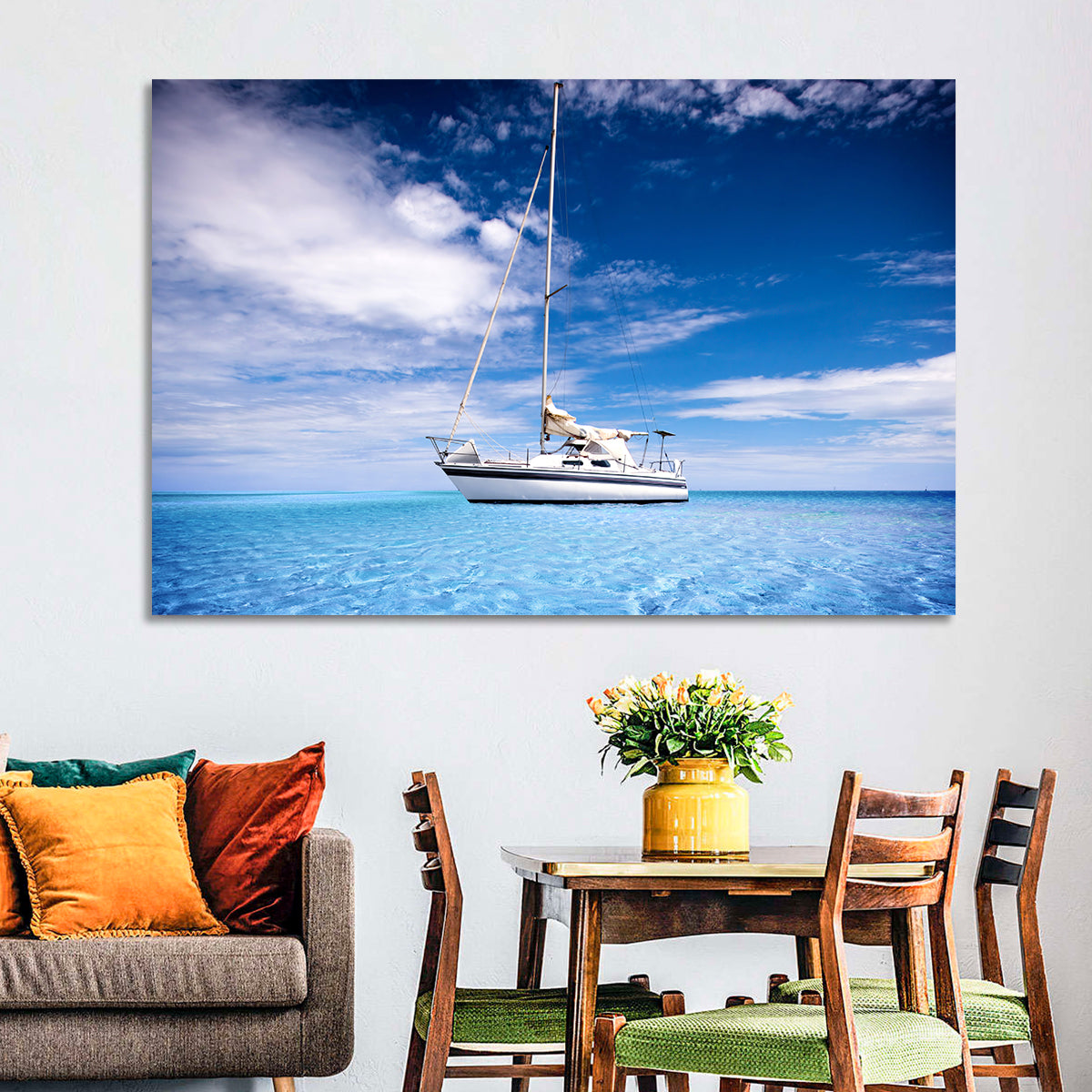 Furled Sails Over Turquoise Water Wall Art in a room, landscape