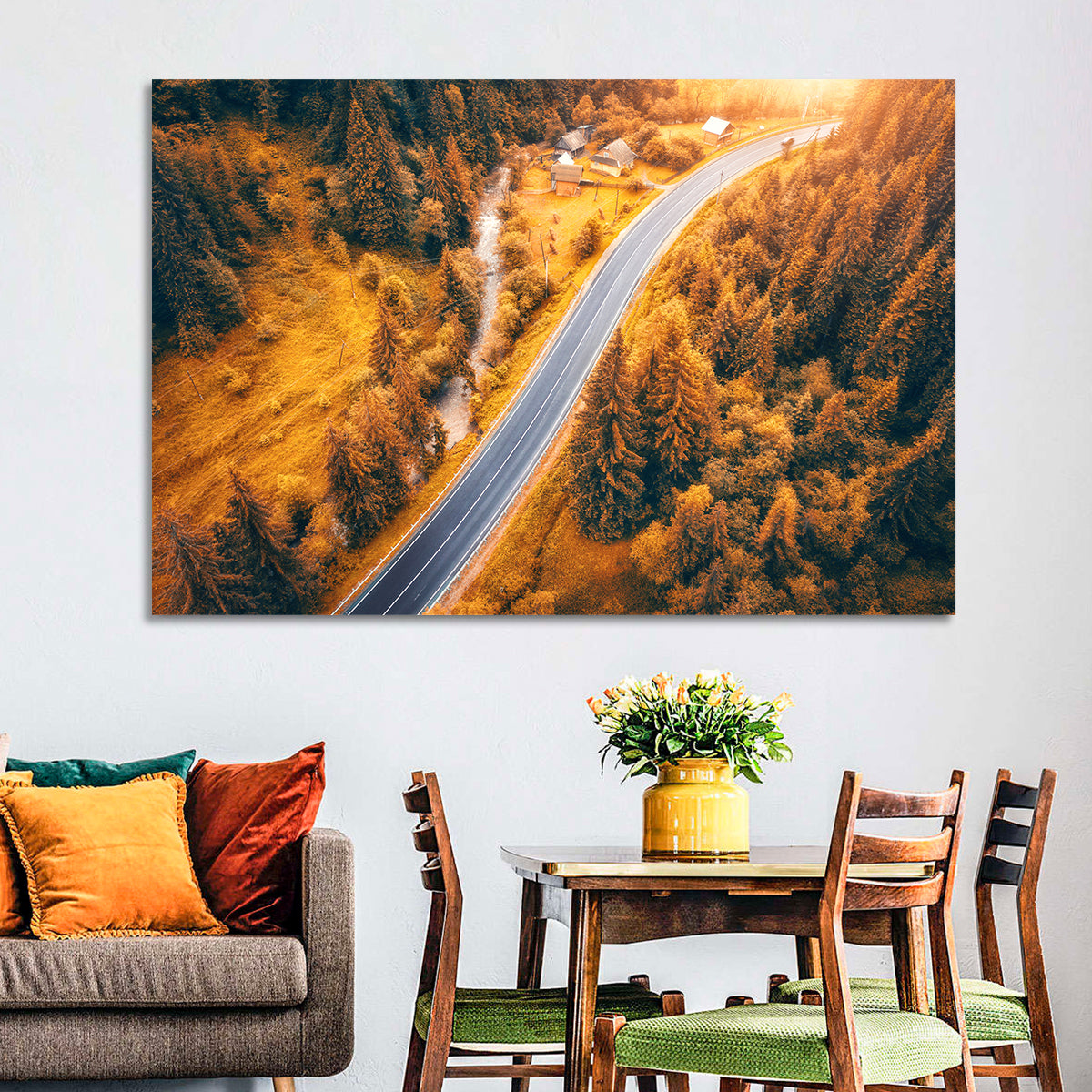 Carpathian Autumn Road Wall Art in a room, landscape