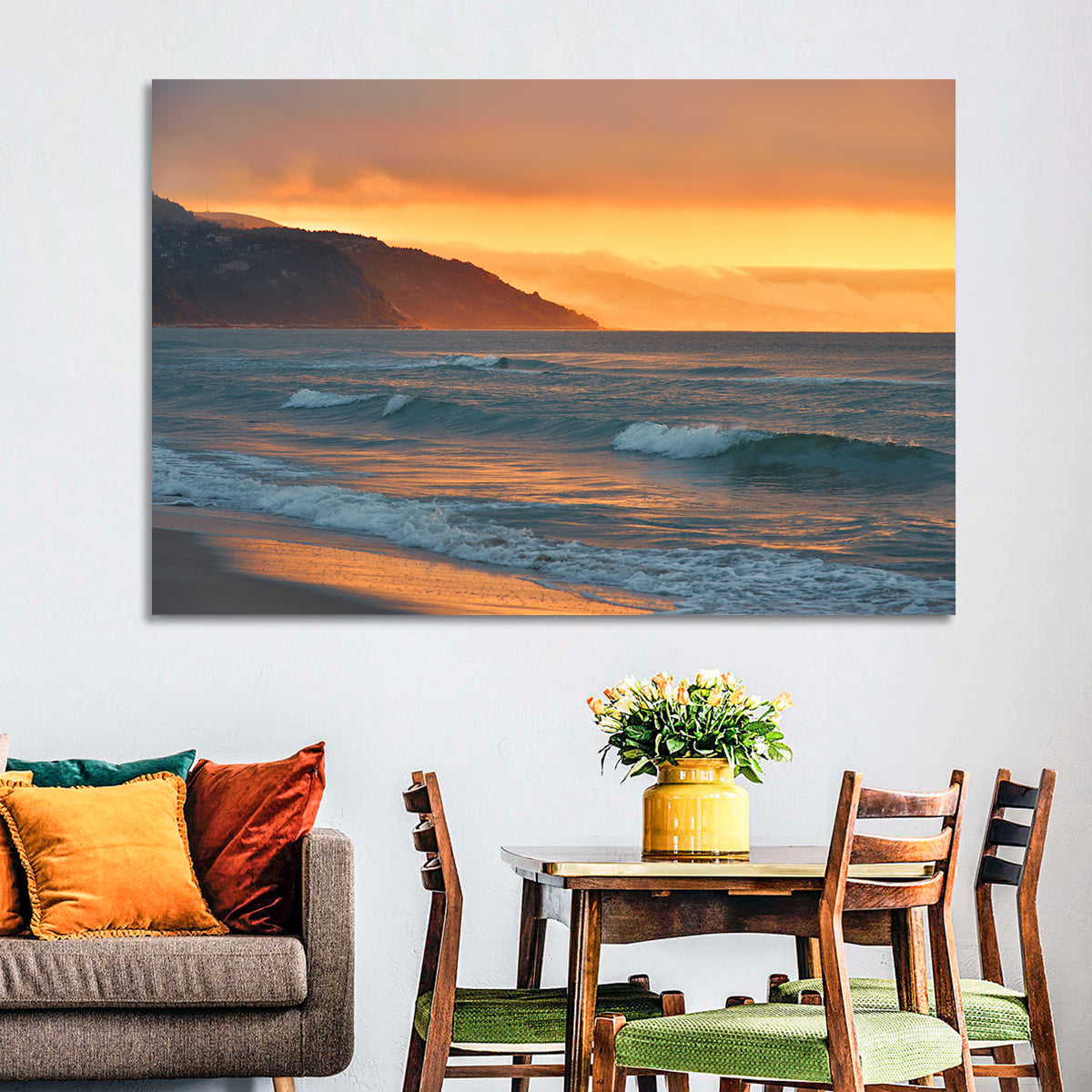 Cliffside Sunset Over Ocean Wall Art in a room, landscape