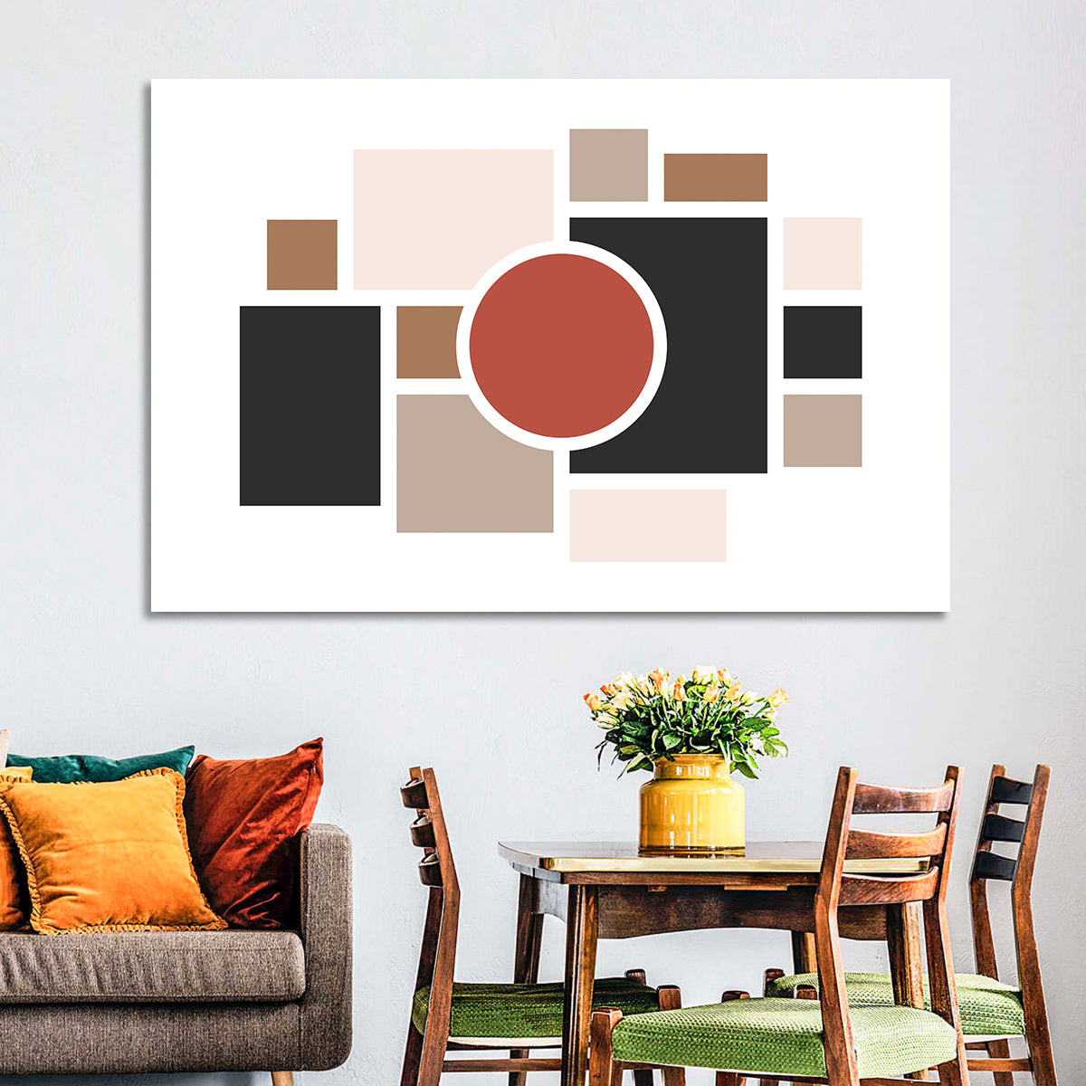 Terracotta Geometric Circle Composition Wall Art in a room, landscape