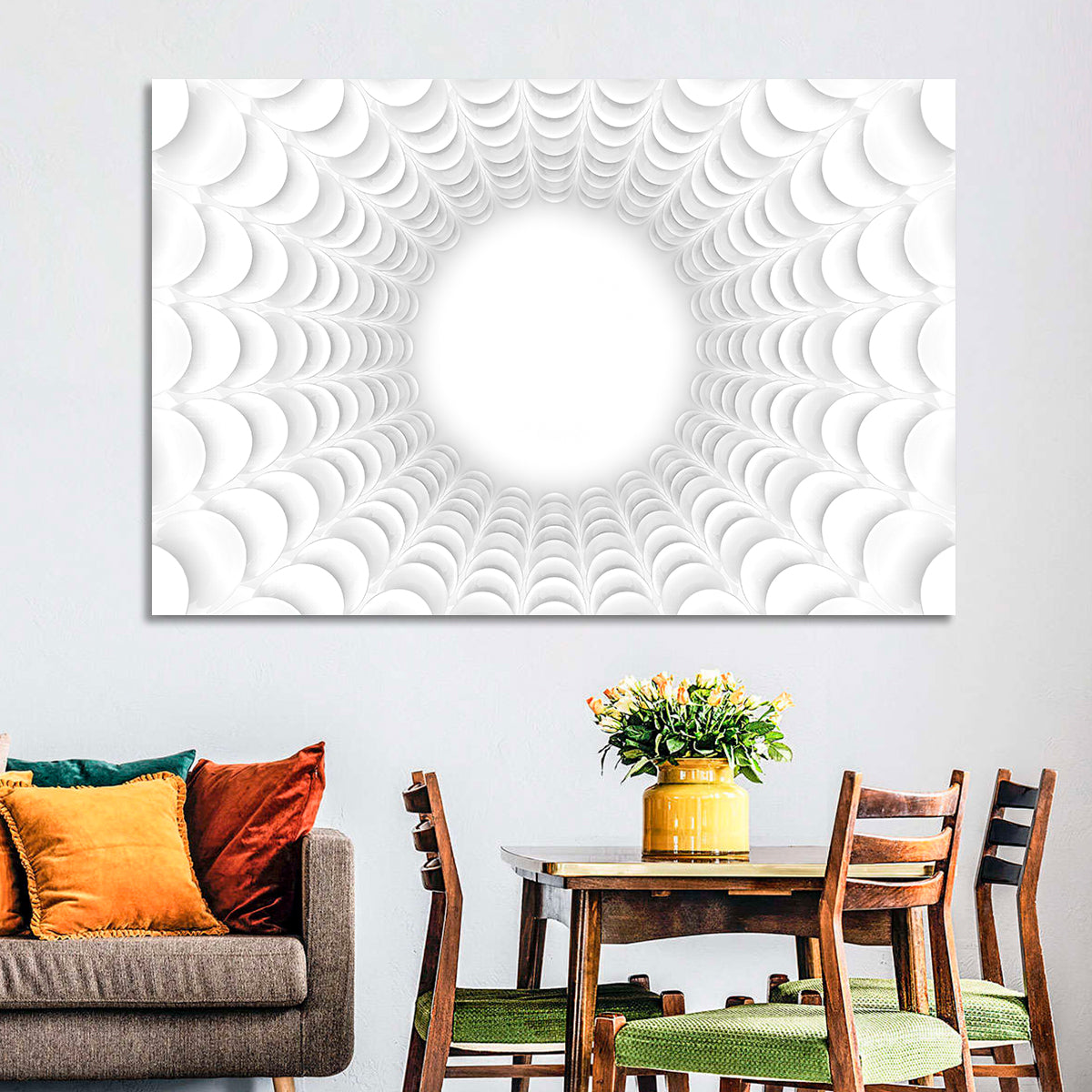 White Bubble Sphere Tunnel Wall Art in a room, landscape
