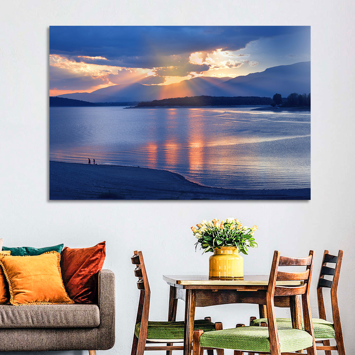 Lake Sunset with Silhouettes Wall Art in a room, landscape