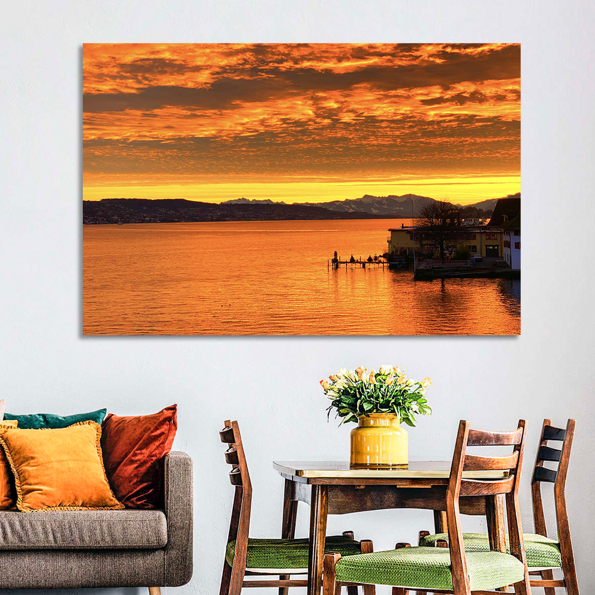 Lake Zurich Golden Sunset Wall Art in a room, landscape