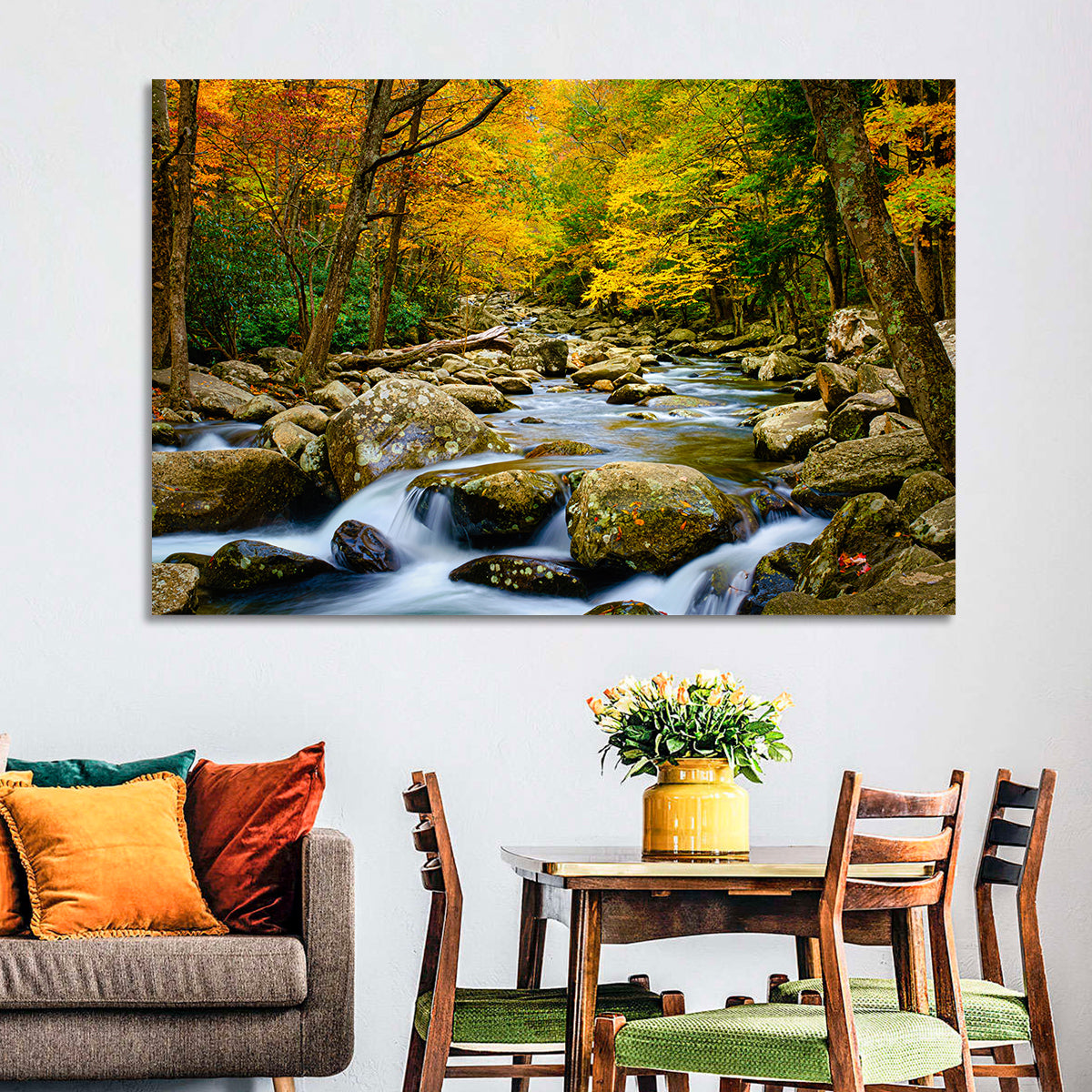 Autumn Stream Through Forest Wall Art in a room, landscape