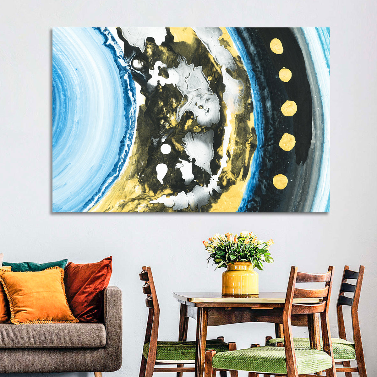 Planet Rings in Blue and Gold Wall Art in a room, landscape
