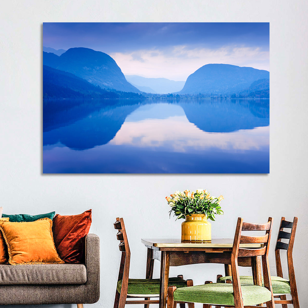Lake Bohinj Morning Reflection Wall Art in a room, landscape