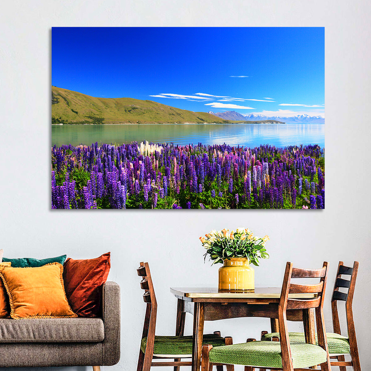 Lake Tekapo Lupine Fields Wall Art in a room, landscape