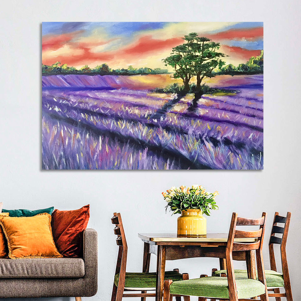 Lavender Field at Sunset Wall Art in a room, landscape