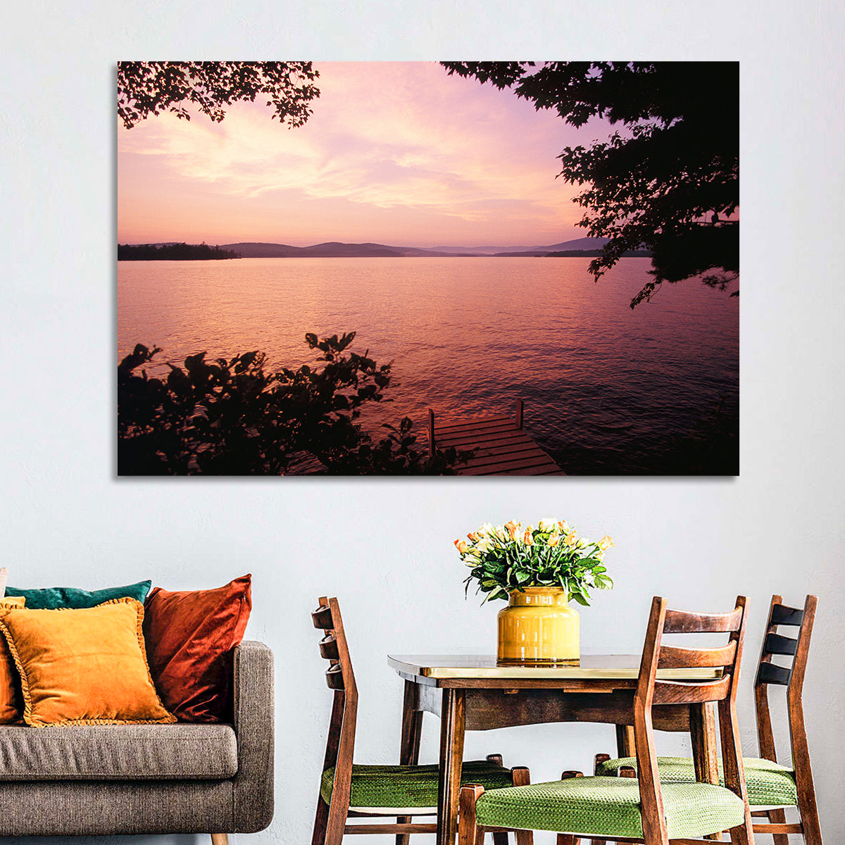 Lake Winnipesaukee Sunset Wall Art in a room, landscape
