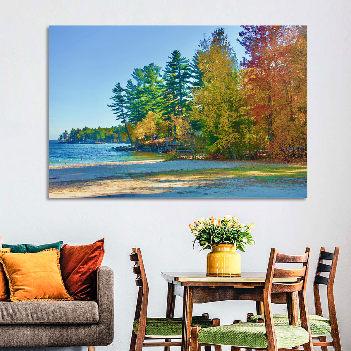 Sebago Lake Pier in Autumn Wall Art in a room, landscape
