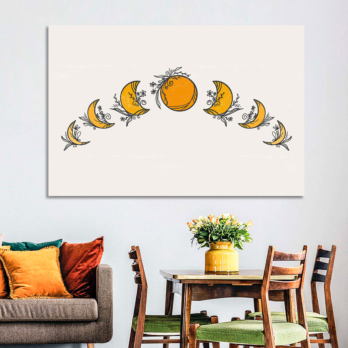 Lunar Phases Floral Arc Wall Art in a room, landscape
