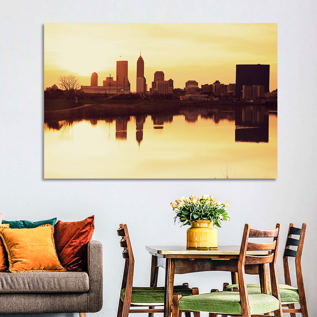Indianapolis Golden Hour Skyline Wall Art in a room, landscape