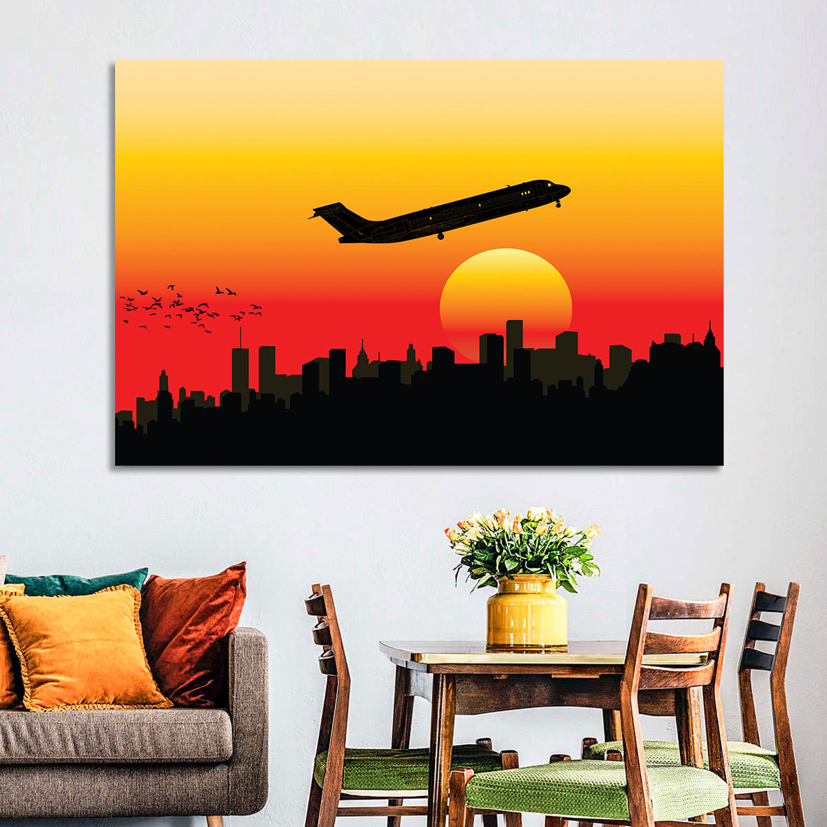 Airplane Over Sunset Skyline Wall Art