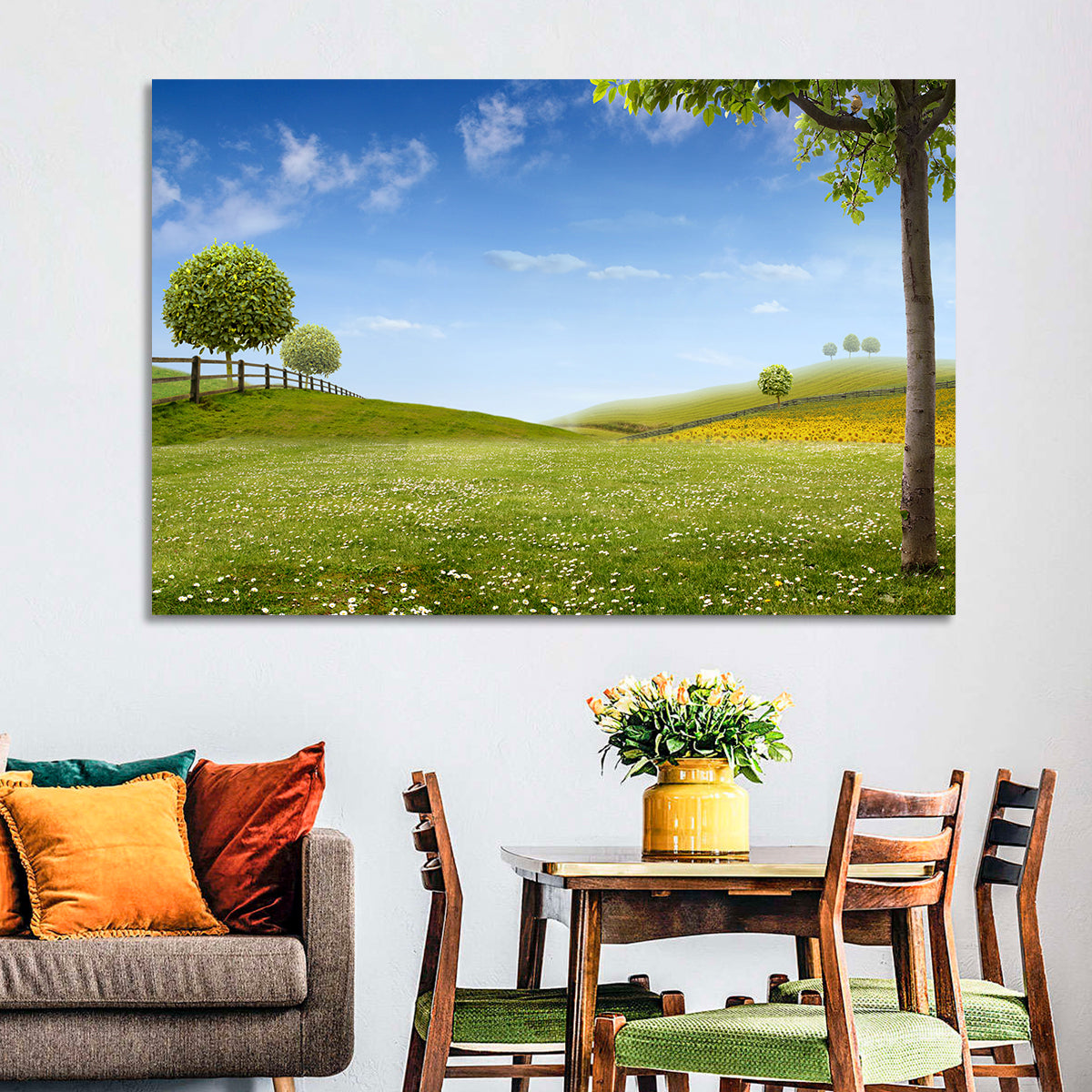 Green Sunflower Fields Wall Art in a room, landscape