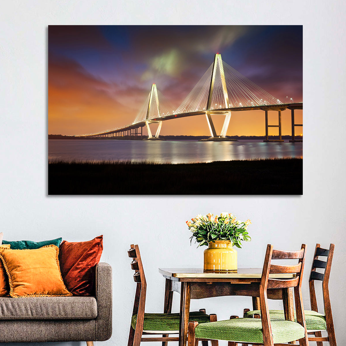 Arthur Ravenel Jr. Bridge at Dusk Wall Art in a room, landscape