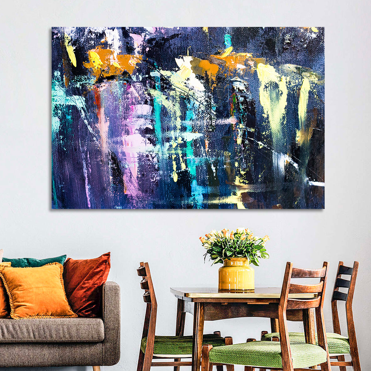 Impasto Waterfall in Blue and Purple Wall Art in a room, landscape