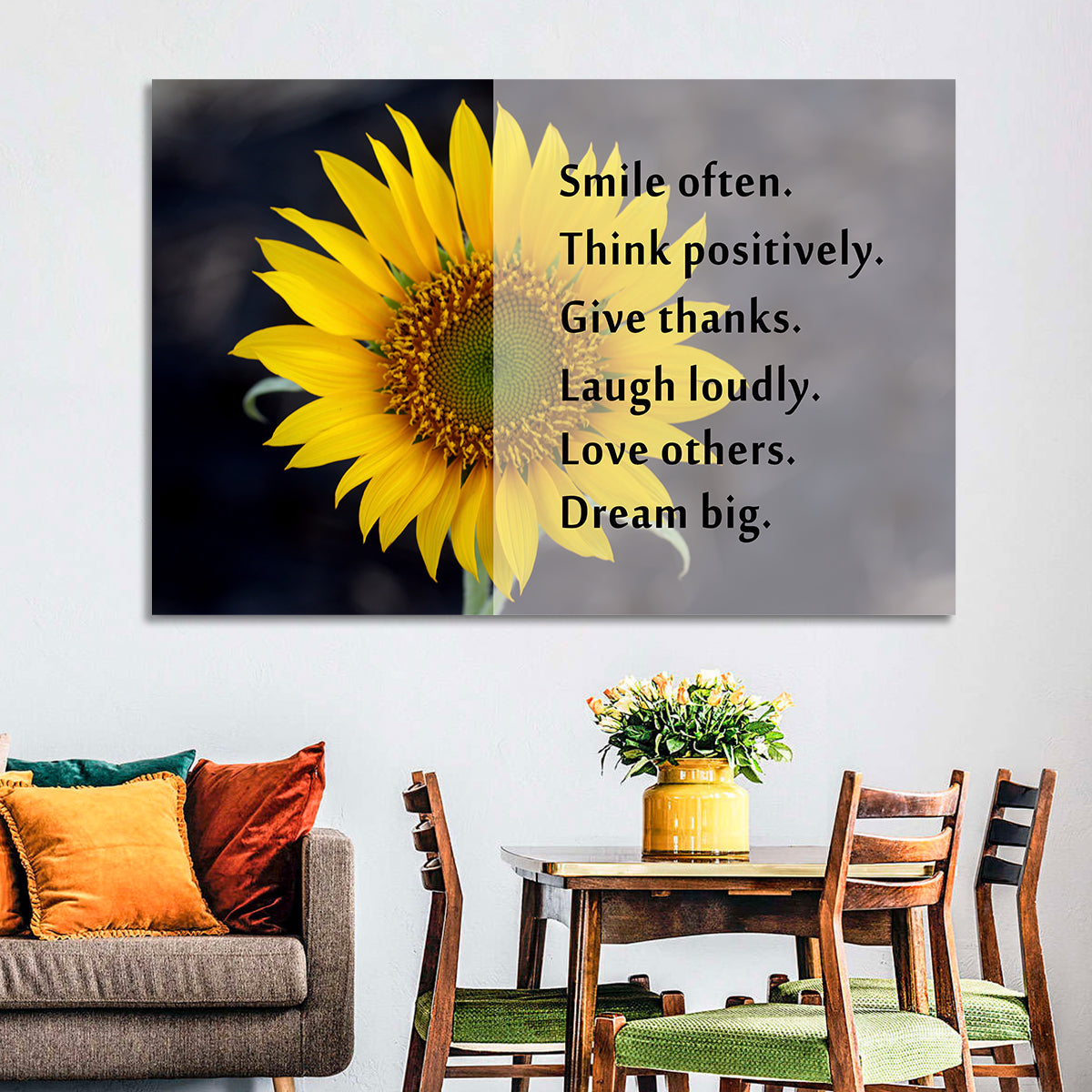 Sunflower Smile Typography Wall Art in a room, landscape