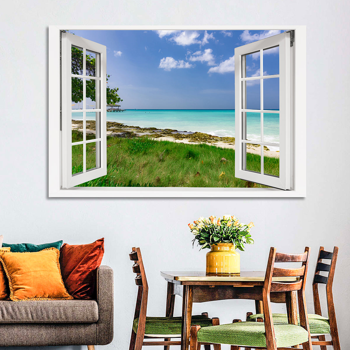 Gazebo on Pier Over Turquoise Ocean Wall Art in a room, landscape