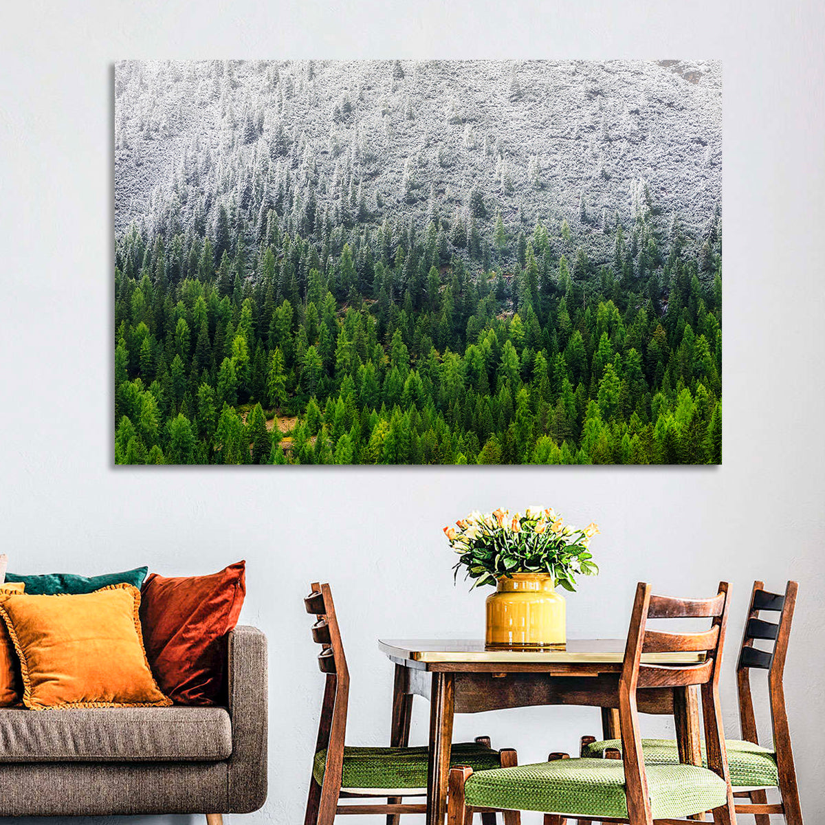 Snowy Dolomites Forest Wall Art in a room, landscape