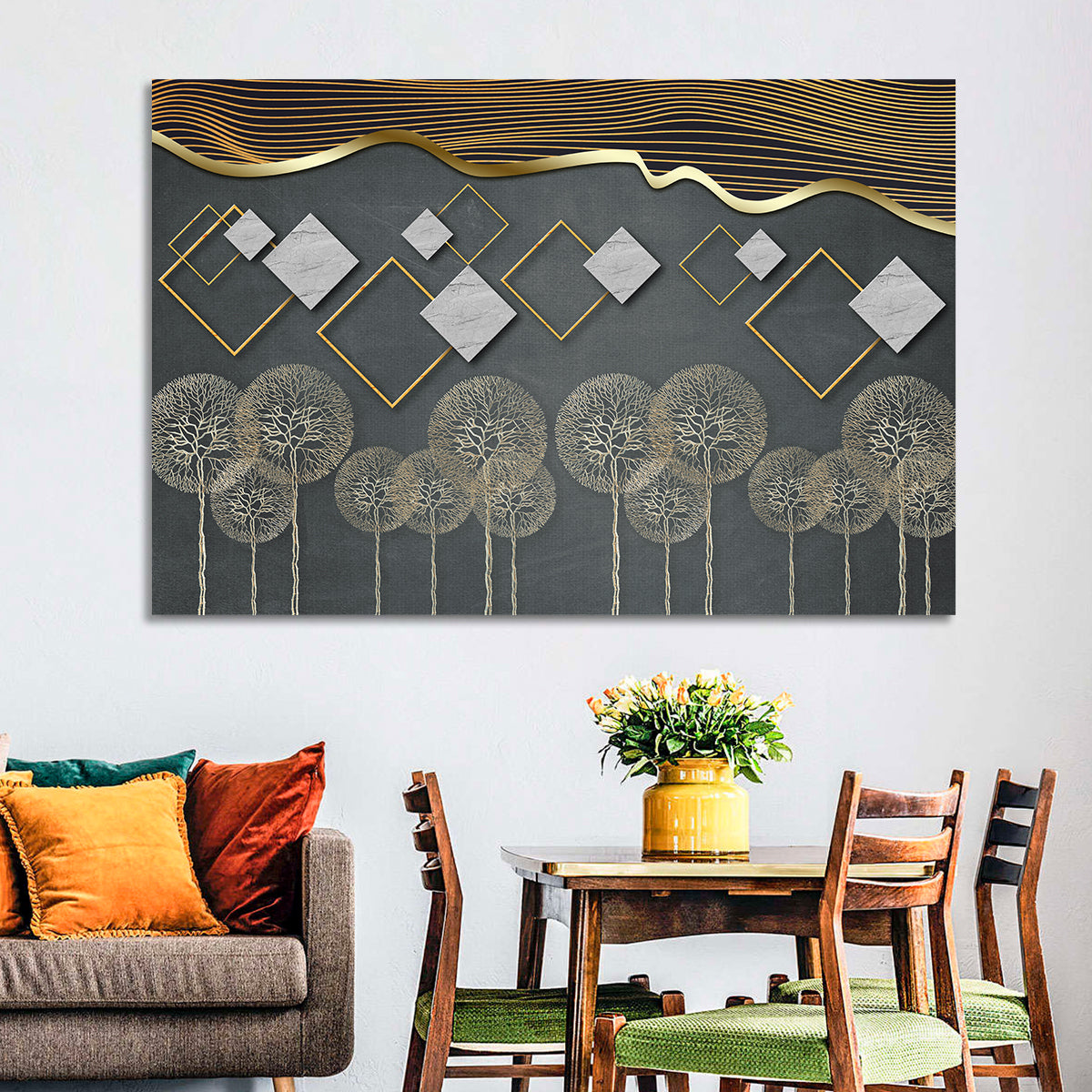 Gray and Gold Dandelion Wall Art in a room, landscape