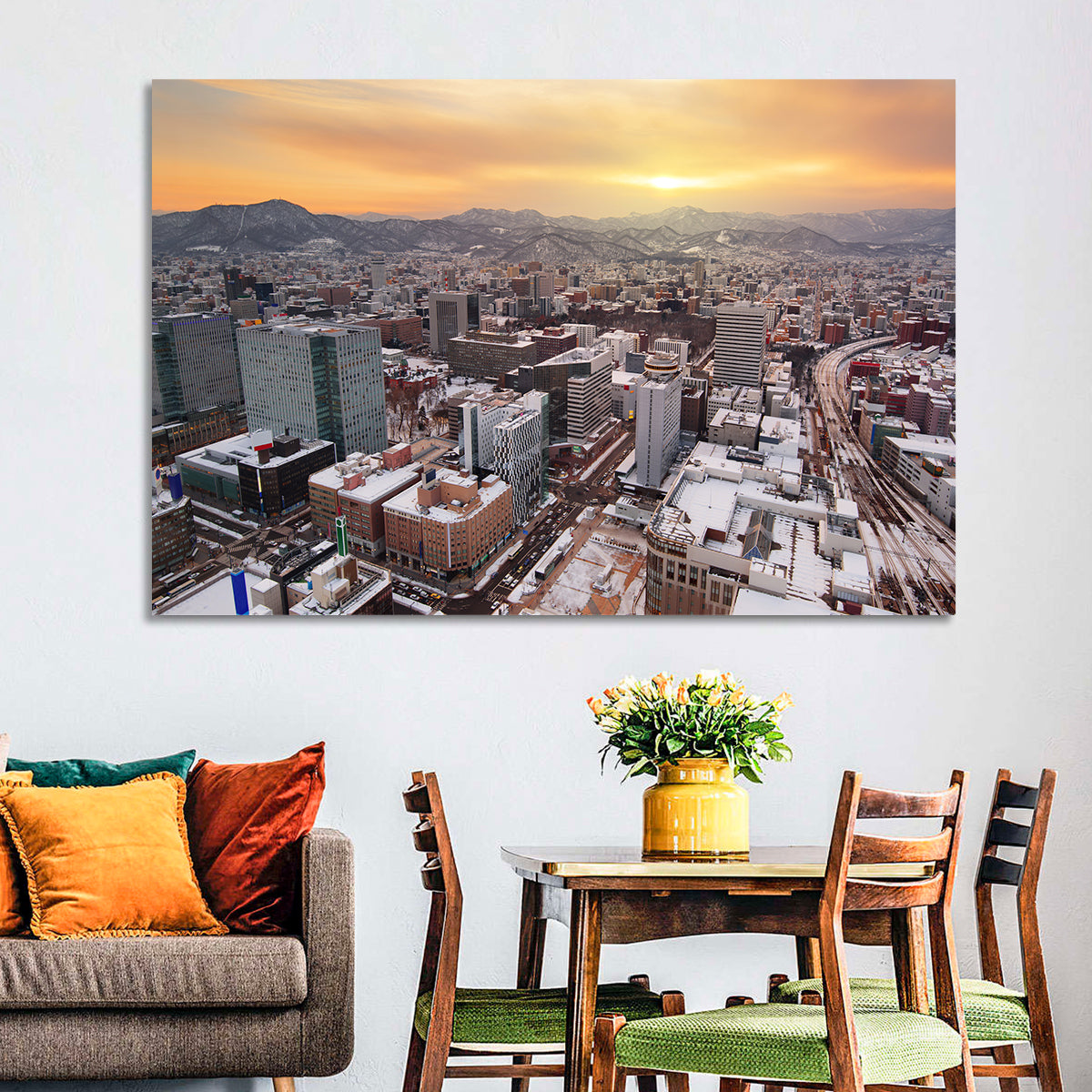 Sapporo Station Skyline at Golden Hour Wall Art in a room, landscape
