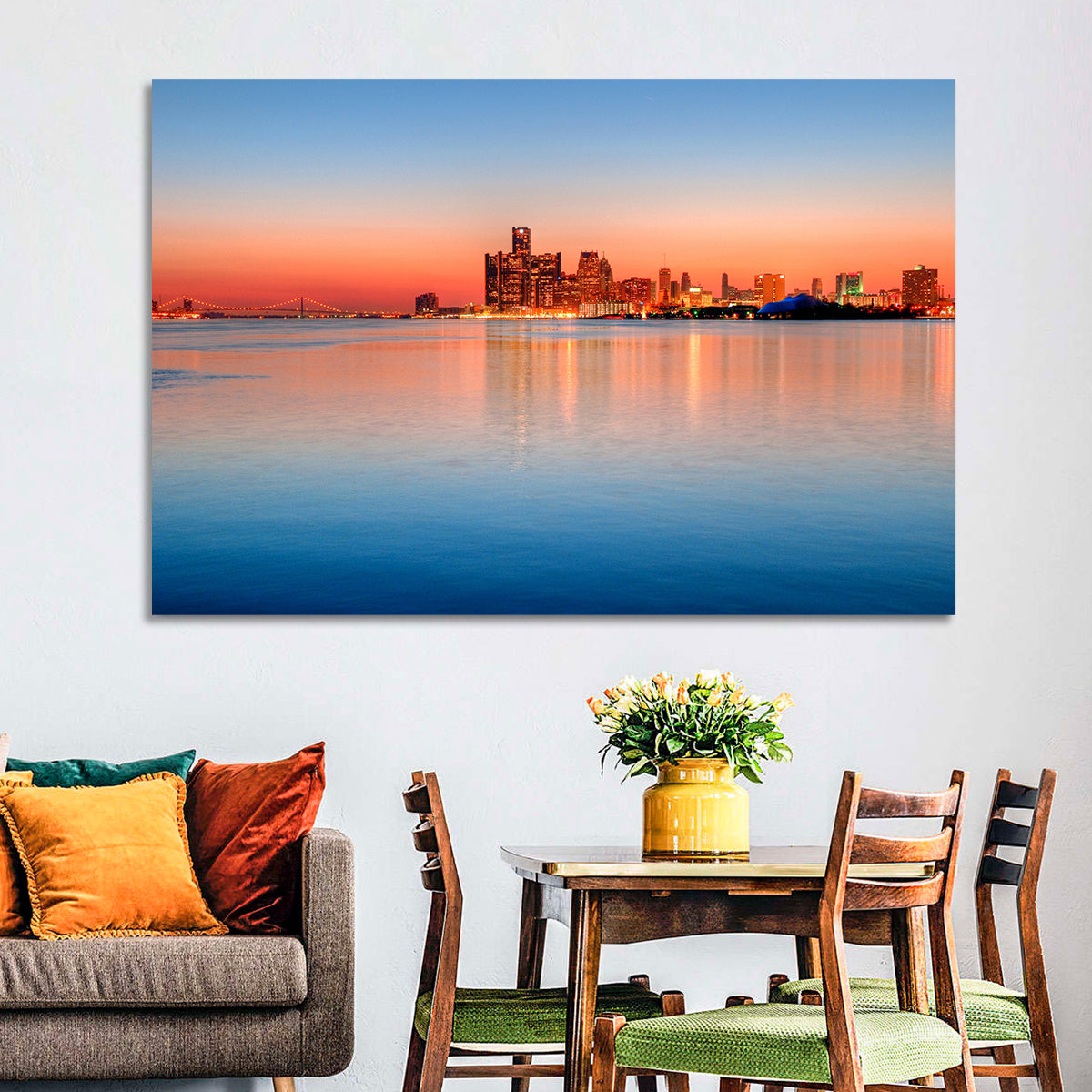 Detroit Golden Hour Skyline Wall Art in a room, landscape