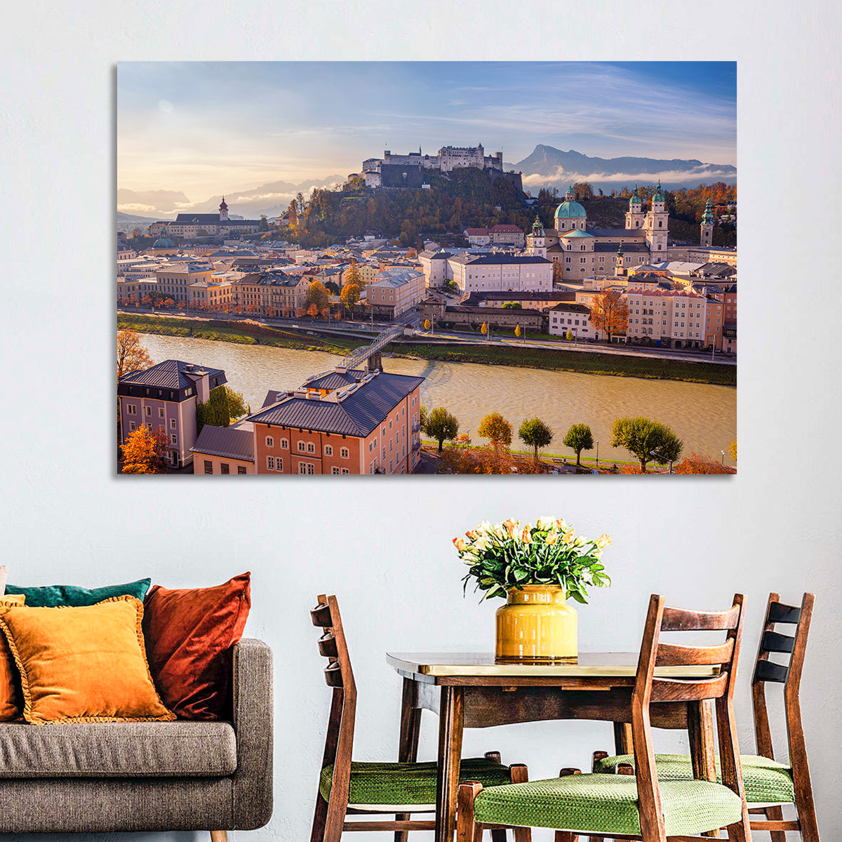 Salzburg Skyline at Golden Hour Wall Art in a room, landscape