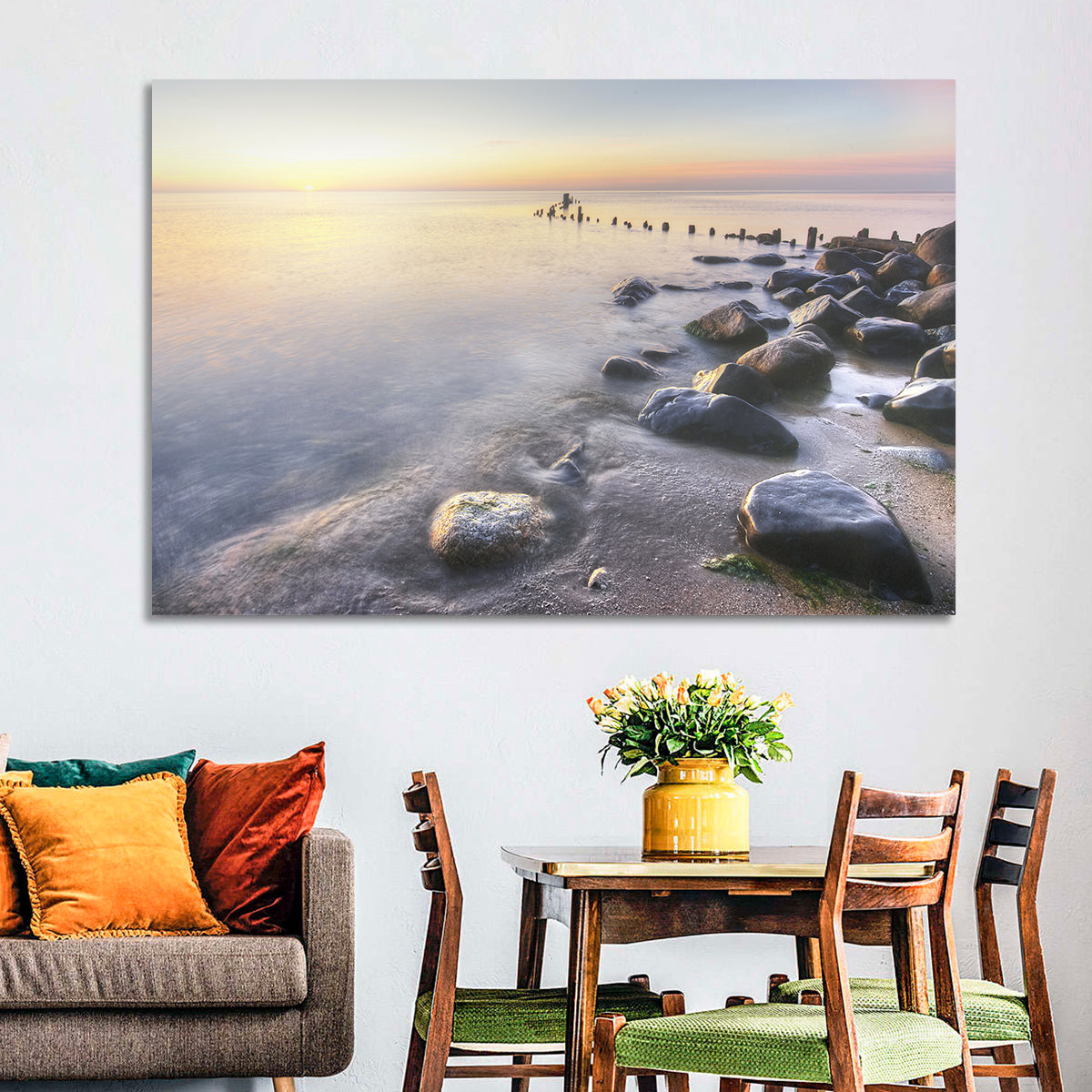 Michigan Shoreline Pilings Wall Art in a room, landscape