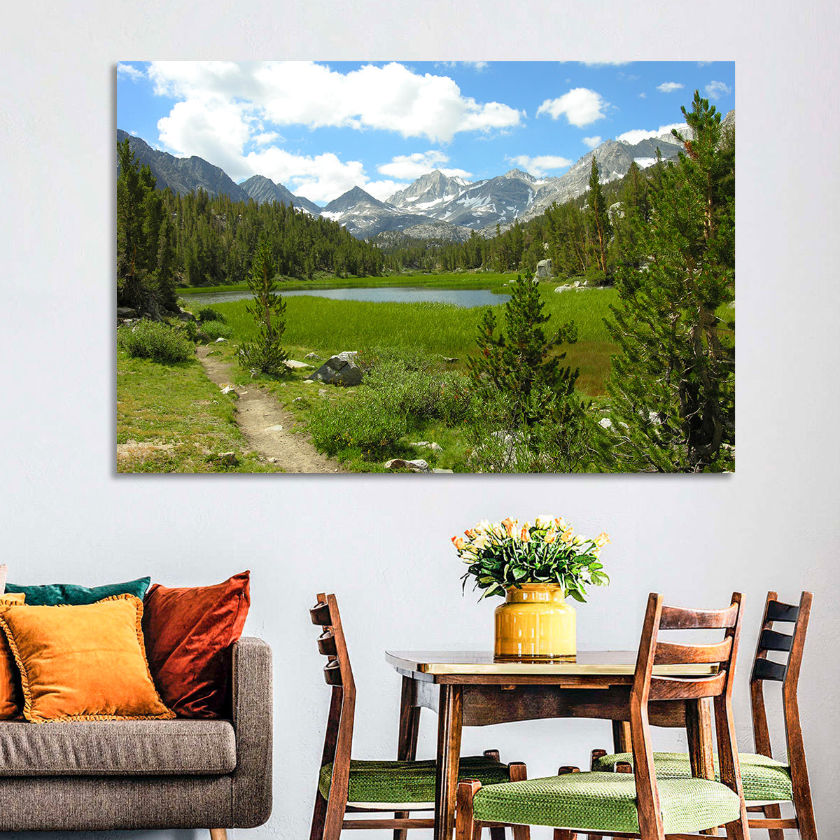 Sierra Nevada Trail to Snow Capped Peaks Wall Art in a room, landscape