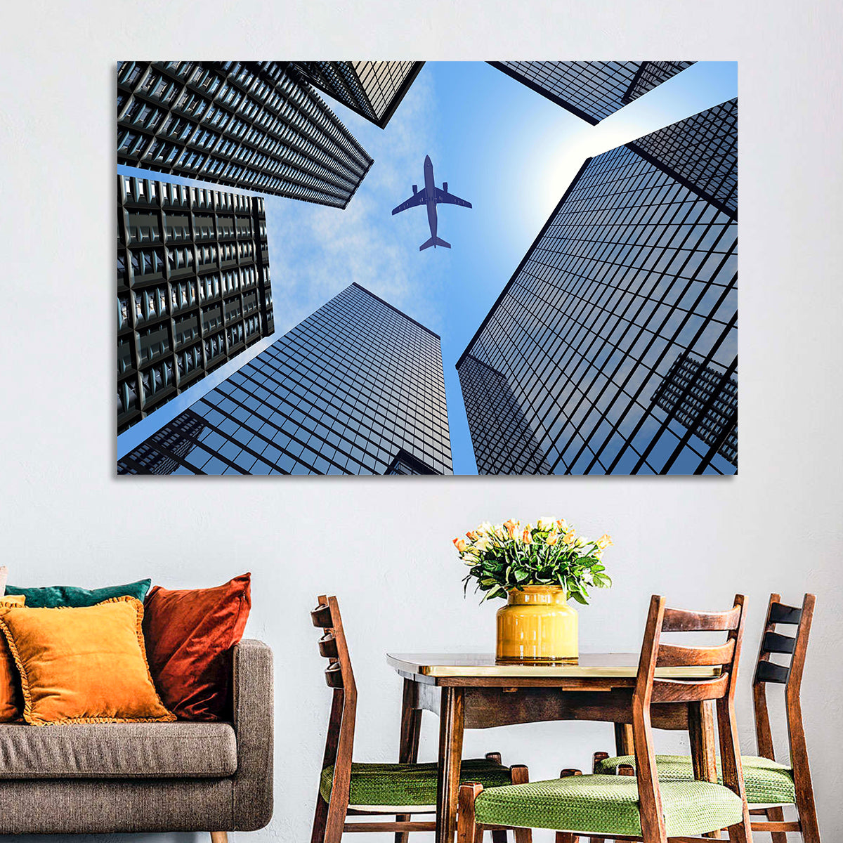 Airplane Above Skyscrapers Wall Art in a room, landscape