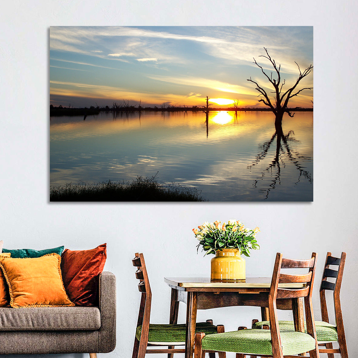 Murray River Sunset Reflection Wall Art in a room, landscape